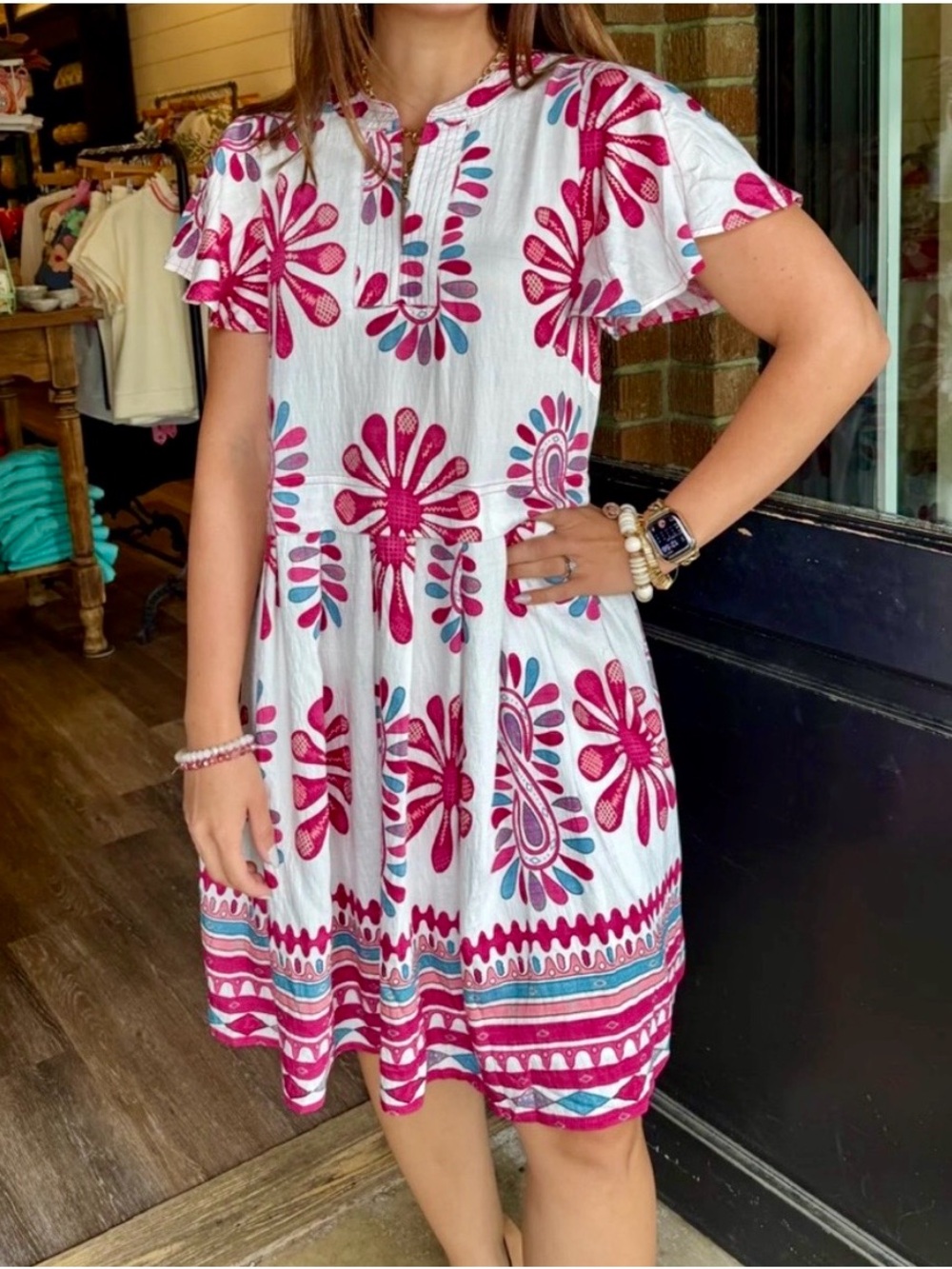 ShopEvelynne White Midi Dress with Pink Floral Print